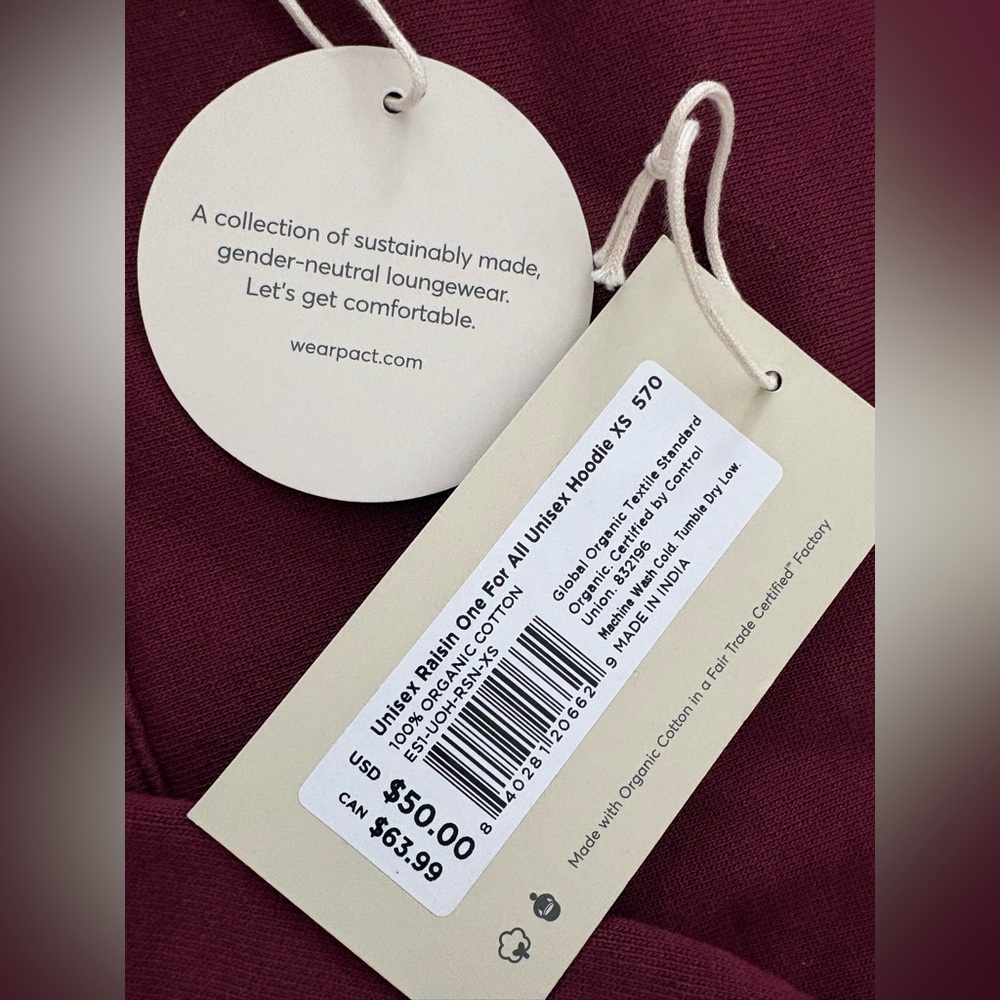 PACT Unisex raisin one for all hoodie xs - Picture 2 of 2